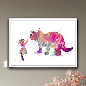 Girl and Dinosaur Triceratops Framed Watercolor Wall Art Print Fantasy Nursery Poster Kids Room Decor Personalised Animal Painting Dino Gift