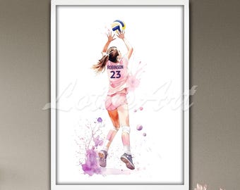 Girl Volleyball Personalized Watercolor Wall Art Decor: Custom Athlete Gift