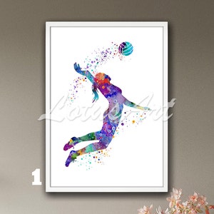 Arte de parede em aquarela feminina de vôlei, pôster esportivo, decoração de quarto de menina, presentes personalizados