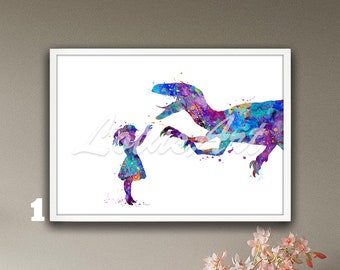 Girl and Velociraptor Watercolor Wall Art Print: Fantasy Dinosaur Poster