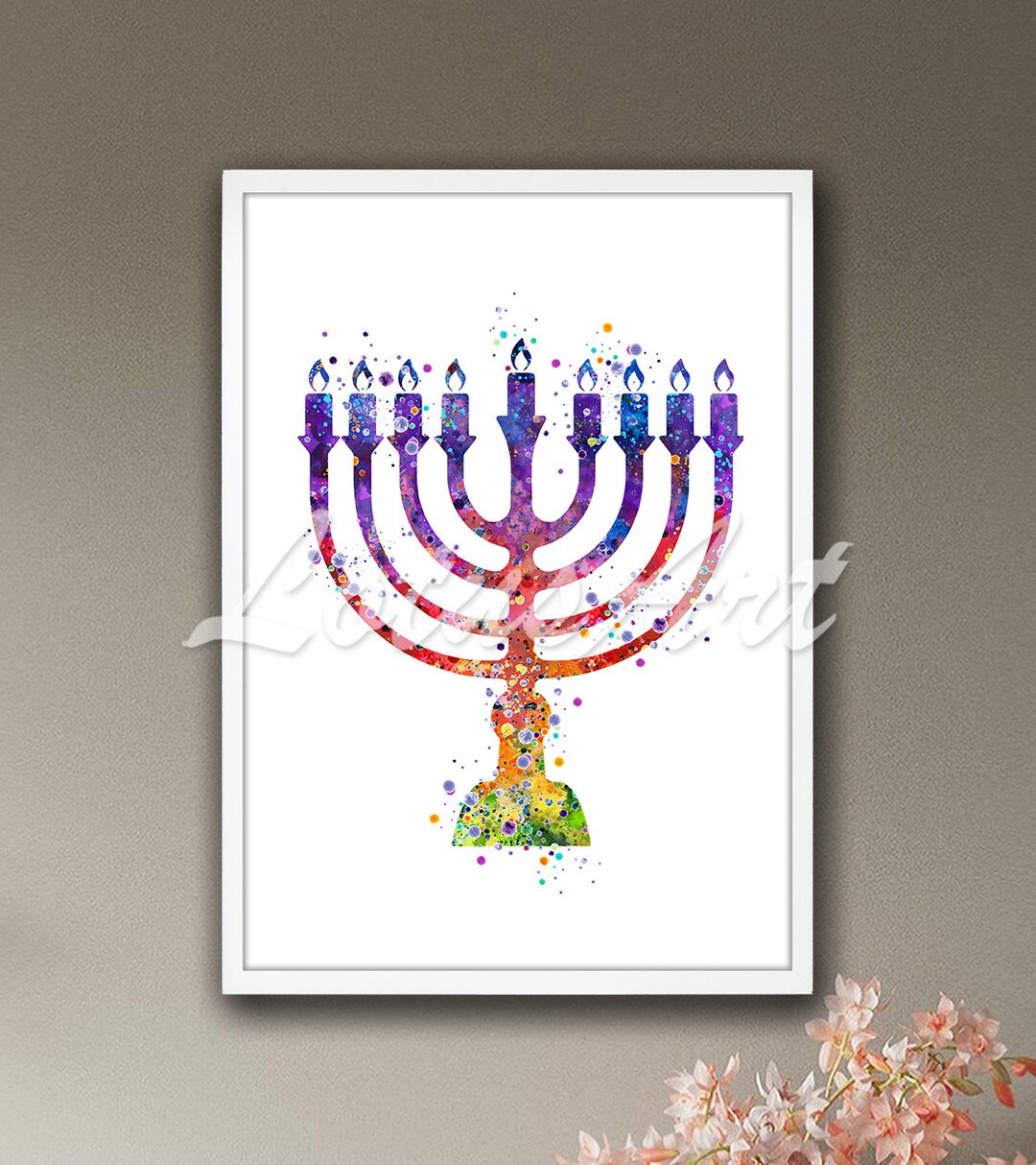 Jewish Hanukkah Menorah Wall Art Watercolor Print Judaism Etsy UK