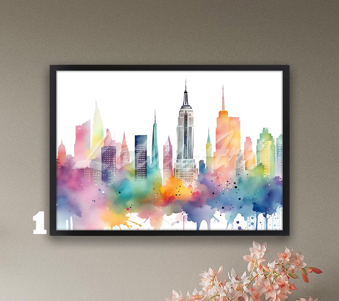 New York City Skyline Watercolor Print: NYC Wall Art Poster - Etsy