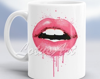 Caneca de cerâmica Pink Lips aquarela presente personalizado xícara de café batom da moda chique arte