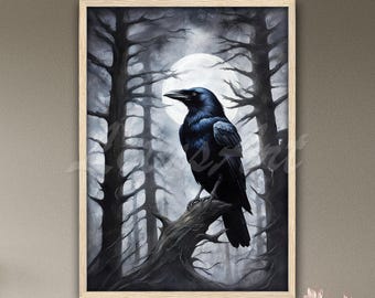 Impresión artística de acuarela de Luna de Cuervo: Pájaro gótico en una rama, decoración de pared