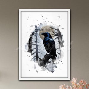 Aquarel kunstafdruk Raven Moon: Gotische vogel op tak muurdecoratie