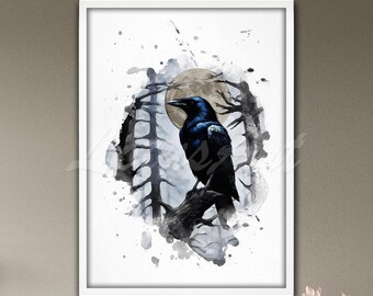 Raven Watercolor Painting Art Print: Gothic Bird Wall Art, Dark Nature Decor, Crow Artwork