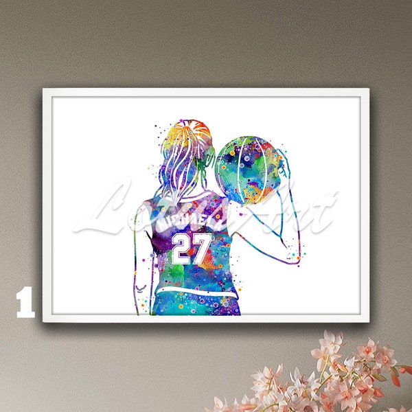 Chica personalizada baloncesto enmarcado arte de la pared impresión de acuarela cartel deportivo ilustración de los niños regalos de la guardería niñas decoración de la habitación pintura del jugador
