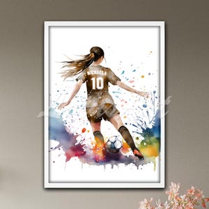 Female Soccer Player Personalized with Name and Number Wall Art Football Watercolor Print Sports Poster Girls Room Decor Gift