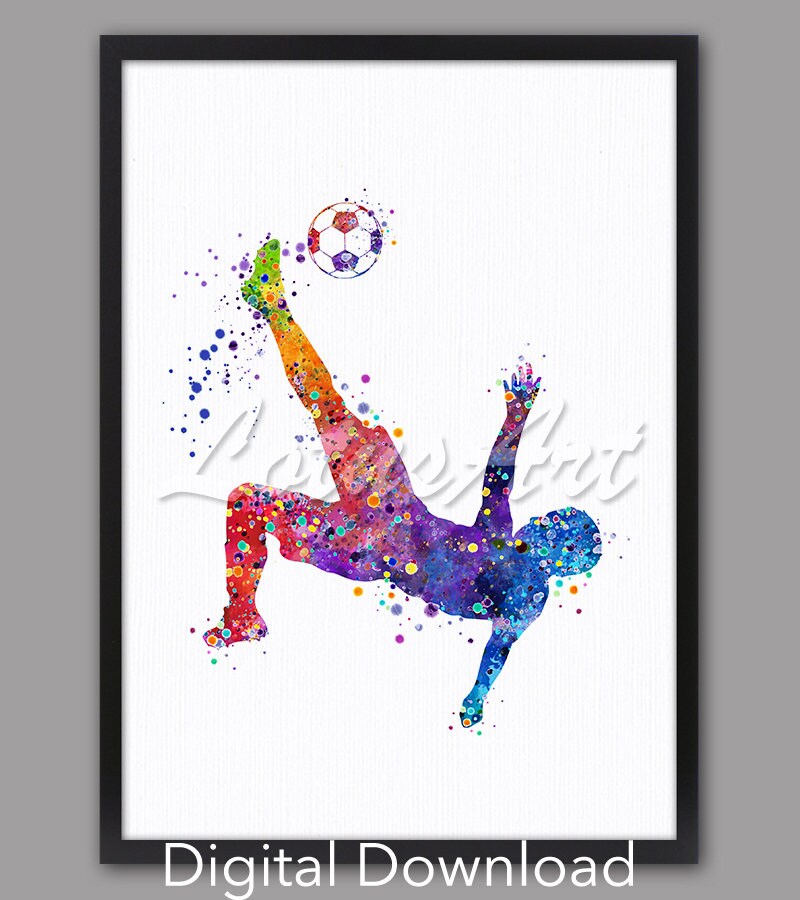 DIGITAL DOWNLOAD Bicycle Kick Soccer Player Art Watercolor Print Football Soccer Wall Art Sports Poster Nursery Art Boys Room Decor Painting