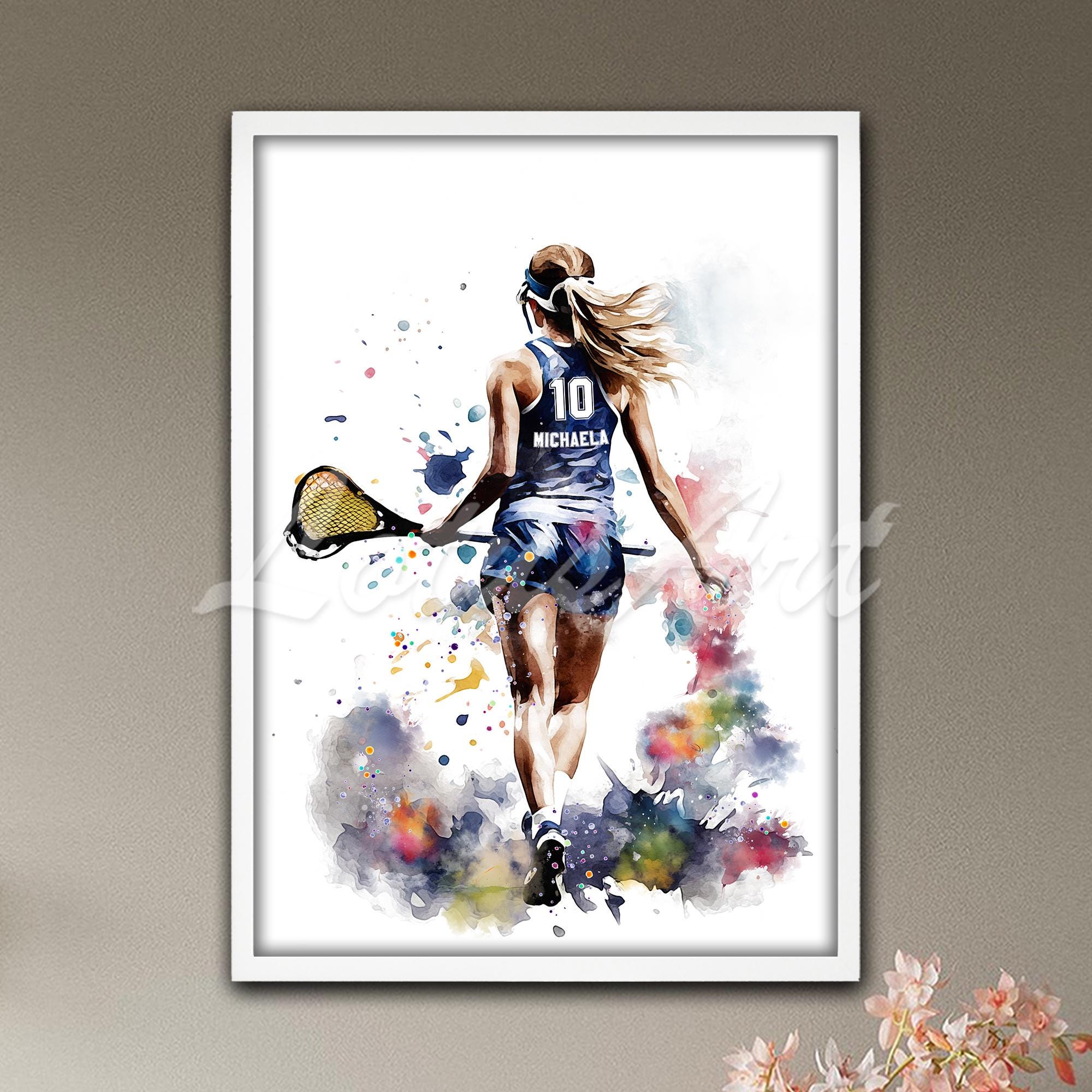Personalized Girl Lacrosse Watercolor Print: Sports Wall Art