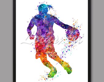Impresión artística en acuarela de baloncesto femenino: Decoración deportiva colorida (descarga digital)