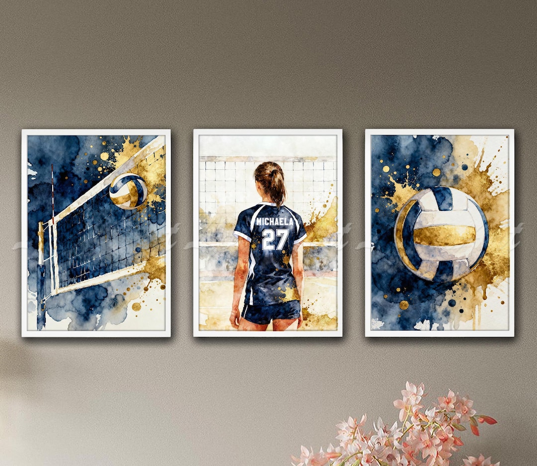 Custom Volleyball Watercolor Wall Art Print Set of 3: Personalized Name ...