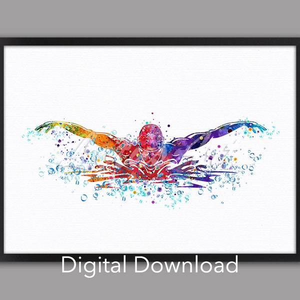 DIGITAL DOWNLOAD Boy Swimming Butterfly Art Watercolor Print Water Sports Canvas Painting Home Decor Kids Room Decor Colorful Swimmer Gifts
