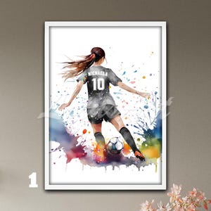 Personalized Girl Soccer Poster – Custom Name & Number, Watercolor Soccer Player Wall Art, Gift for Teen Football Player, Girls Room Decor