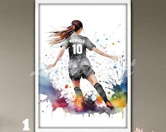 Poster de football fille personnalisé : impression d'art aquarelle personnalisée