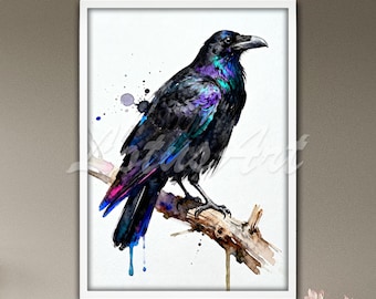 Rabe Vogel Aquarell Malerei: Mystische Natur Art Print, Gothic Wildtiere Fest Dekor
