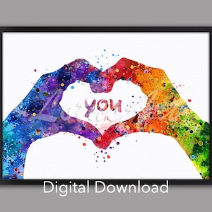 Heart Hands Watercolor Art Print: Love Painting, Valentine&#39;s Gift (Digital Download)