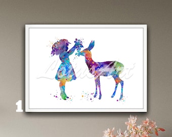 Girl and Doe Wall Art Framed Poster Watercolor Print Animals Painting Girls Illustration Nursery Kids Room Decor Personalised Custom Gifts