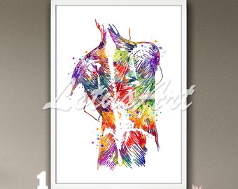Back Muscles Anatomy Watercolor Art Print: Human Chiropractic Physical Therapy Office Clinical Wall Decor