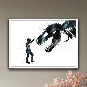 Boy and Dinosaur T-Rex Wall Art Dinosaur Wall Art Boy and Tyrannosaurus Rex Watercolor Print Nursery Dinosaur Decor Dinosaur Art Kids Prints