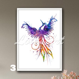 May include: A watercolor painting of a colorful phoenix bird with its wings spread wide. The bird is depicted in shades of purple, blue, orange, yellow, and green, with a white background.