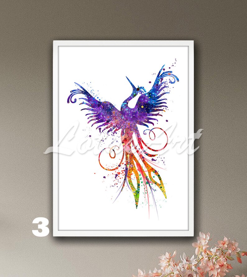 May include: A watercolor painting of a colorful phoenix bird with its wings spread wide. The bird is depicted in shades of purple, blue, orange, yellow, and green, with a white background.