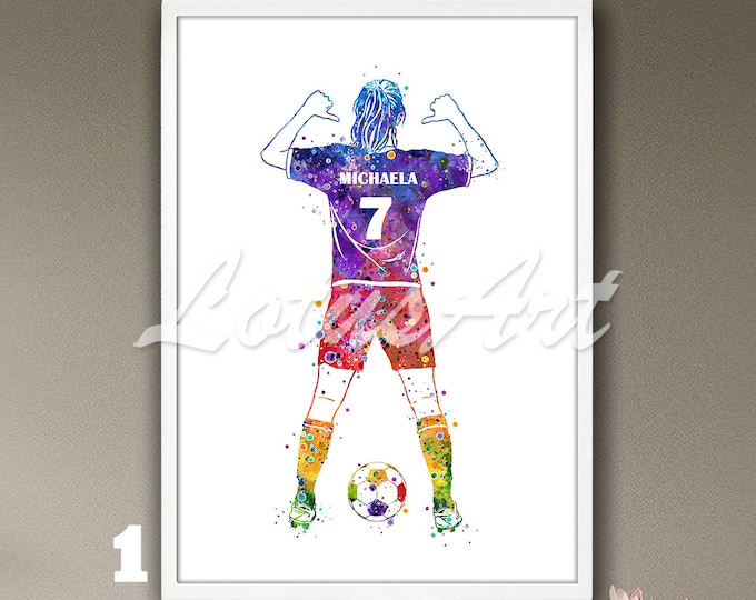 Gepersonaliseerde voetbal muur kunst aquarel print voetbal speler sport poster meisjes kamer decor schilderij vrouwelijke sport geschenken