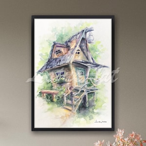 Fairy Tale House Watercolor Print: Forest Lodge Wall Art