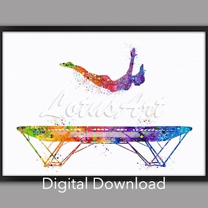 DESCARGA DIGITAL Chica Trampolín Atleta Pared Arte Gimnasta en Trampolín Acuarela Impresión Deportes Pared Decoración Vivero Arte Pintura Ilustración