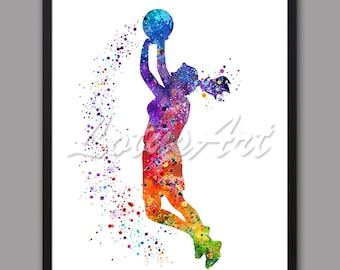 Impresión artística en acuarela de baloncesto femenino: Decoración deportiva colorida (descarga digital)