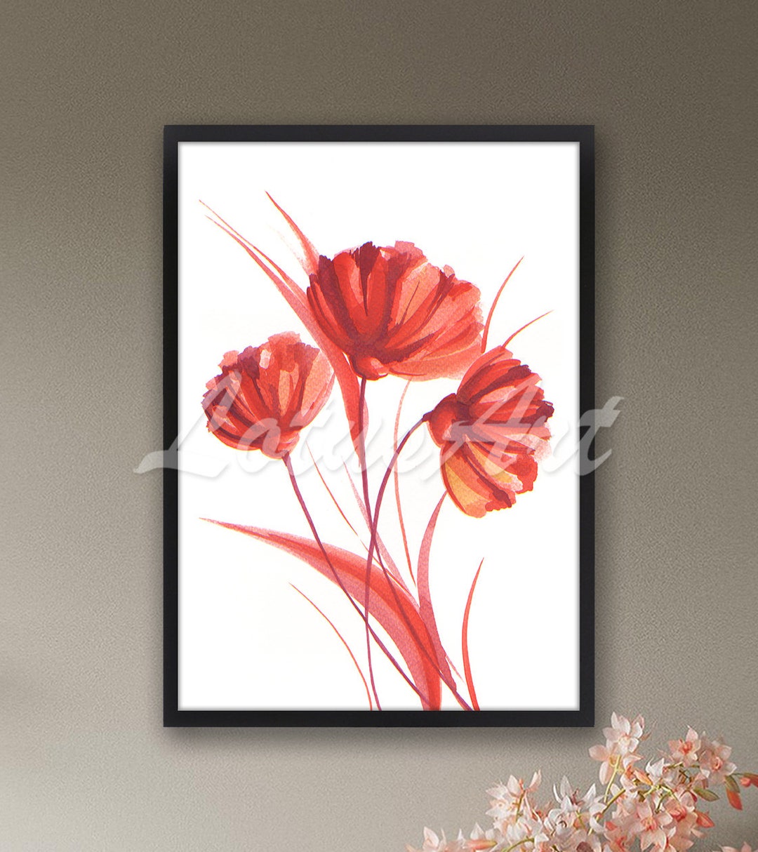 Red Flowers Wall Art Watercolor Print Floral Kitchen Decor Mothers Day ...