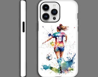 iPhone Sports Case Girl Soccer Personalised with Name and Number Samsung Womens Phone Case Football Player Watercolor Art Girlfriend Gifts