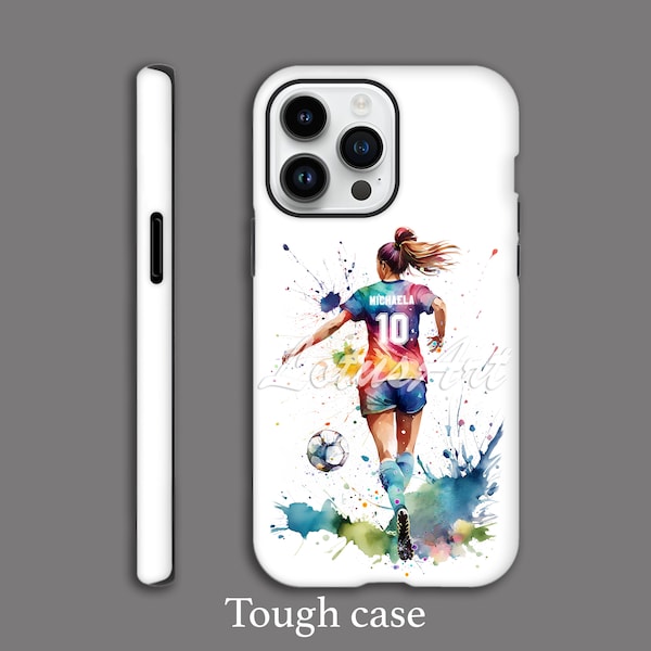 iPhone Sports Case Girl Soccer Personalised with Name and Number Samsung Womens Phone Case Football Player Watercolor Art Girlfriend Gifts