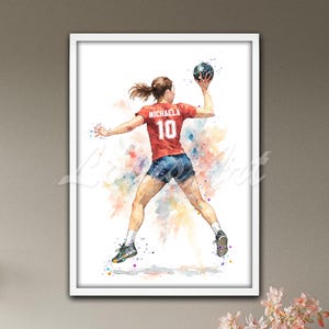 Handball Player Wall Art Name and Number Personalized Watercolor Print Custom Woman Handball Female Sports Poster Gift Girls Room Decor