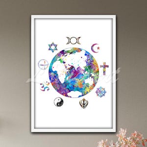 Mapa del mundo Símbolos sagrados Arte de pared Impresión de acuarela Regalos de símbolos religiosos personalizados Decoración del símbolo del planeta Tierra Póster de energía espiritual