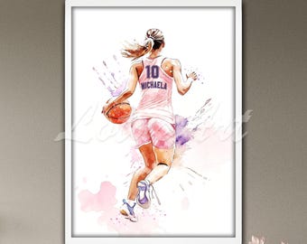 Custom Girl Basketball Watercolor Wall Art Decor: Personalized Name & Number Sports Print