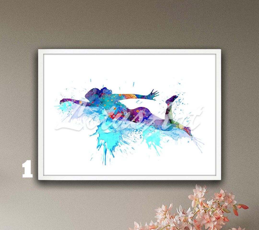 Girl Swimming Wall Art Watercolor Print Framed Home Decor Girls Room