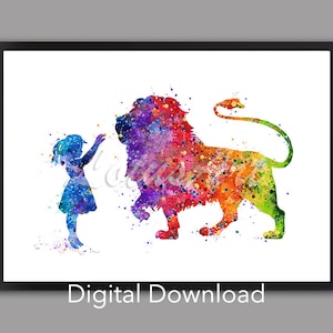 Girl and Lion Watercolor Print: Wild Animal Nursery Decor (Digital Download)