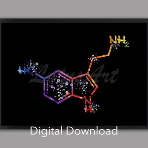 Könnte beinhalten: Ein digitaler Download einer farbenfrohen Aquarellillustration der chemischen Struktur von Serotonin, einem Neurotransmitter, der eine Rolle bei Stimmung, Schlaf und Appetit spielt. Die Illustration ist vor einem schwarzen Hintergrund dargestellt.