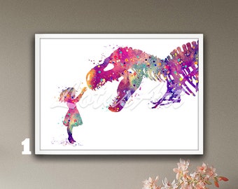 Girl and T-Rex Dinosaur Framed Wall Art Watercolor Print