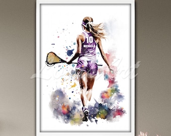 Personalized Girl Lacrosse Purple Watercolor Print: Custom Name & Number Sports Gift