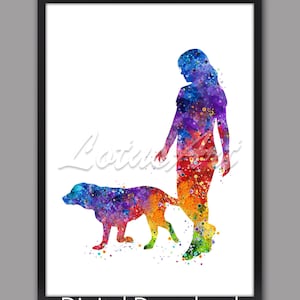 Girl Walking Dog Watercolor Art Print Nursery Poster Kids Room Decor Painting Female Hiking With Dog Mum Personalised Gift DIGITAL DOWNLOAD