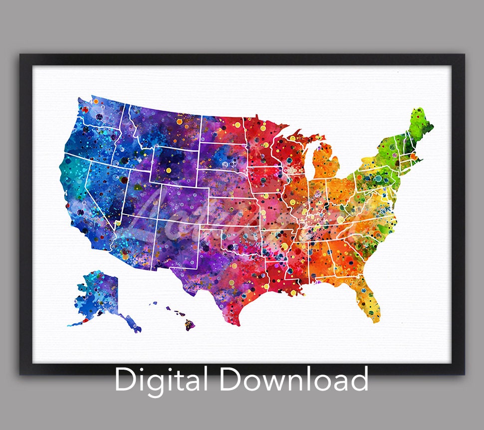 United States Map Art Watercolor Painting Print Travel Art Poster Home ...
