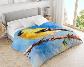 American Goldfinch Duvet Cover Watercolor Painting Bedding Print: Bird Decor Gift