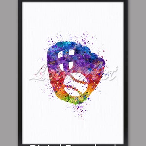 DIGITAL DOWNLOAD Baseball Glove with Ball Watercolor Print Baseball Wall Art Sports Nursery Softball Glove Kids Room Colorful Home Decor