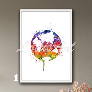 Pintura del mapa del mundo, acuarela, arte de pared, impresión del planeta Tierra, póster, ilustración, arte de viaje, decoración para sala de estar, regalos personalizados