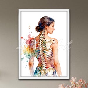 May include: A framed watercolor print depicting a person from the back, showing a visible human spine and rib cage integrated into the anatomy. The artwork features vibrant, multi-colored paint splatters in rainbow hues against a white background.