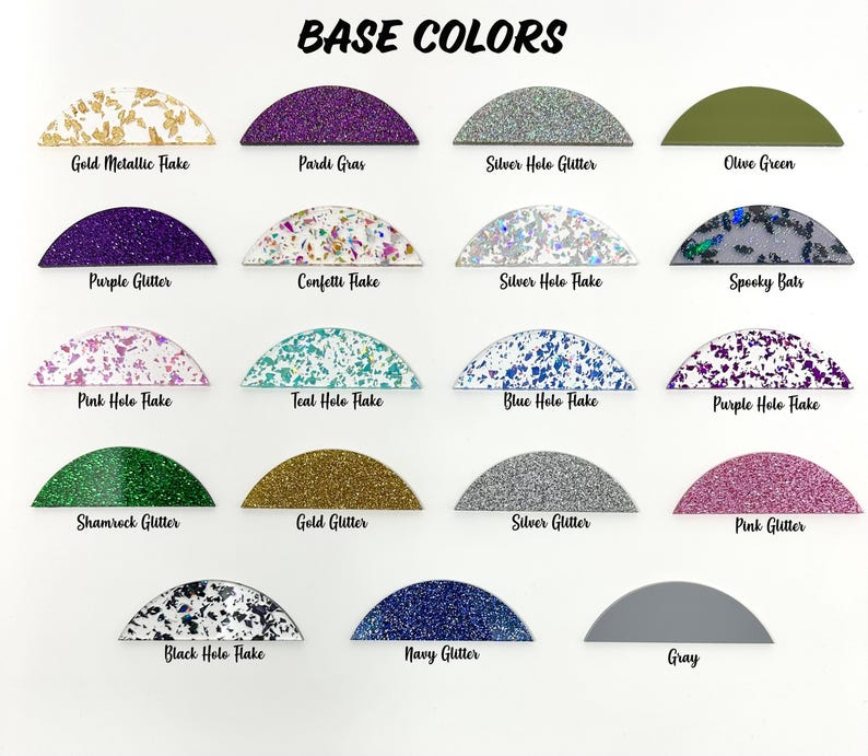 May include: A chart of 18 different colors of glitter and flake finishes for crafting projects. The colors include gold, silver, purple, pink, teal, blue, black, navy, gray, olive green, shamrock green, and confetti.