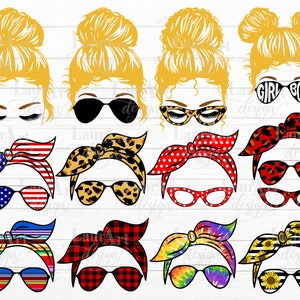 Blonde Messy Bun SVG Gafas de sol Bandana, Rainbow Tie Dye, Cheetah, Serape, Plaid, Patriotic, American Mama, Momlife, Mom Life Sublimation