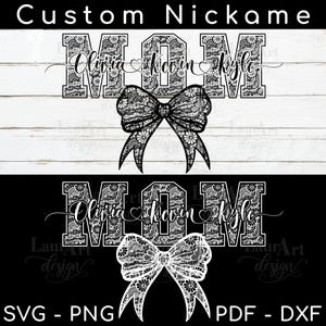 Muttertag SVG - Benutzerdefinierte Monogramm College Schriftart MOM personalisierte Kinder Namen Herz Textdatei für T-Shirt Varsity Mom Lace Bow MOM Kindernamen